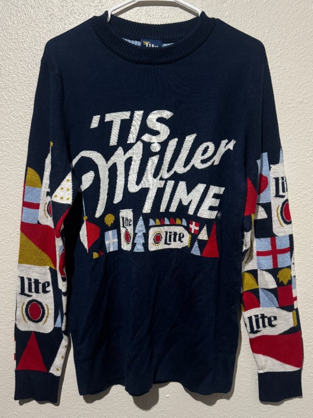Miller Lite ’Tis Miller Time Holiday Christmas Sweater Navy Men’s Medium